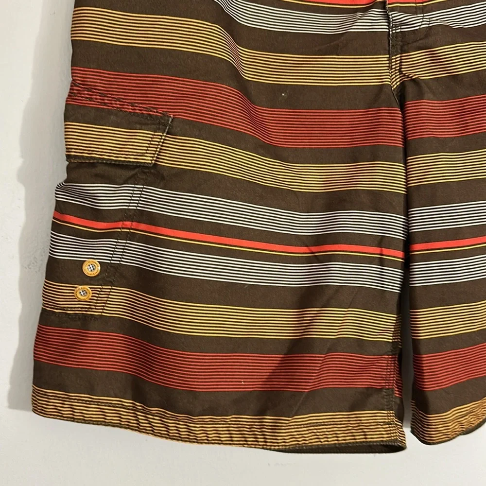 Striped Men's Swim Shorts - Red, Brown, and Tan
